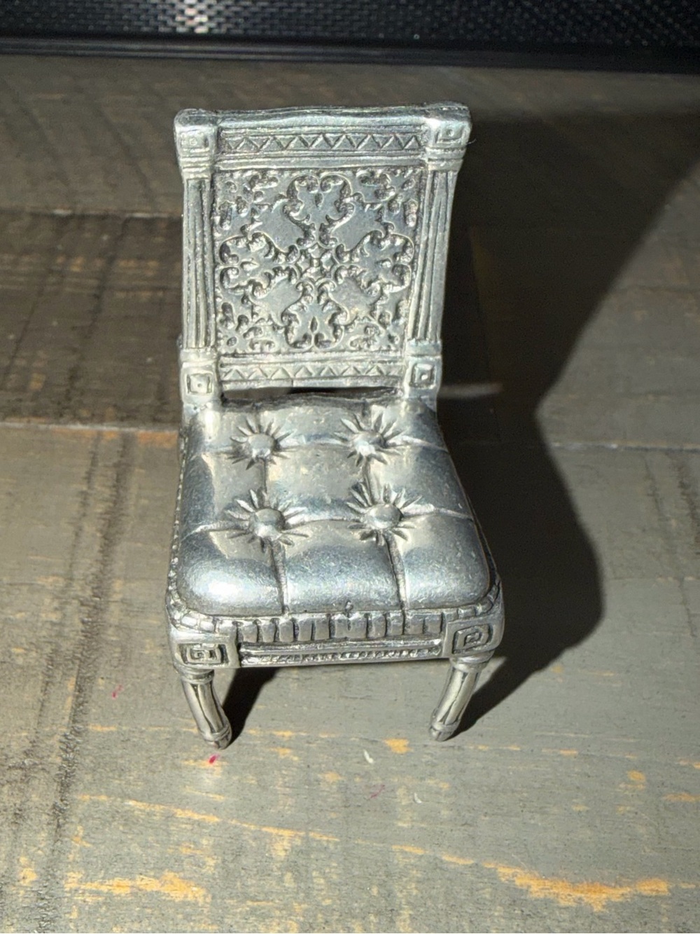 Vintage heavy new view miniature metal chair, card holder, dollhouse